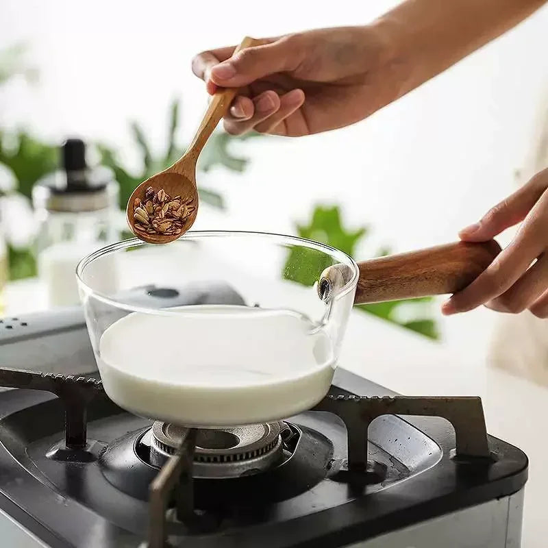 Glass Milk Pot with Wood Handle