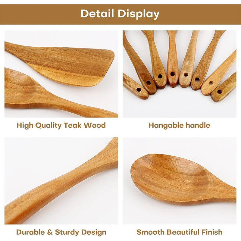 10-Piece Natural Teak Wooden Utensil Set