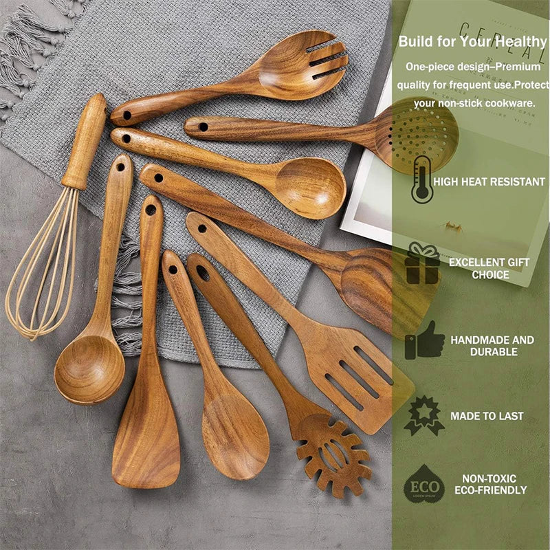 10-Piece Natural Teak Wooden Utensil Set