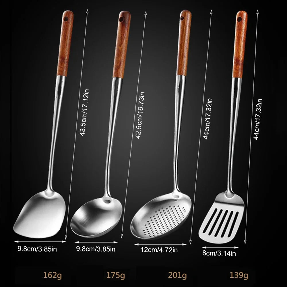 4-Piece Stainless Steel Utensil Set with Wood Handles