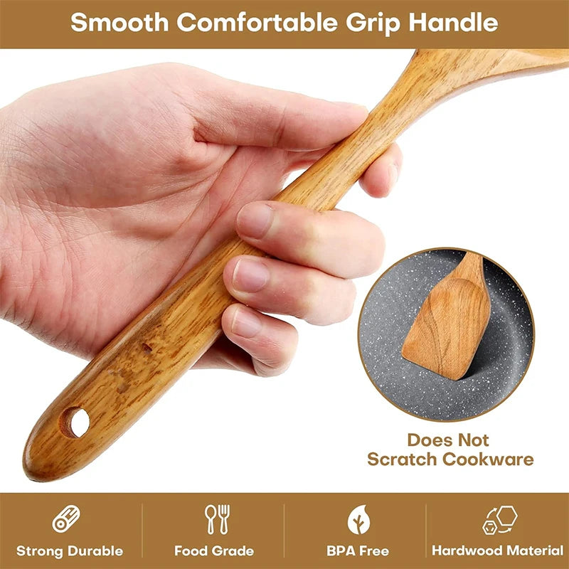 10-Piece Natural Teak Wooden Utensil Set