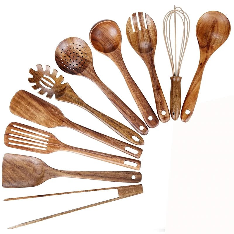 10-Piece Natural Teak Wooden Utensil Set