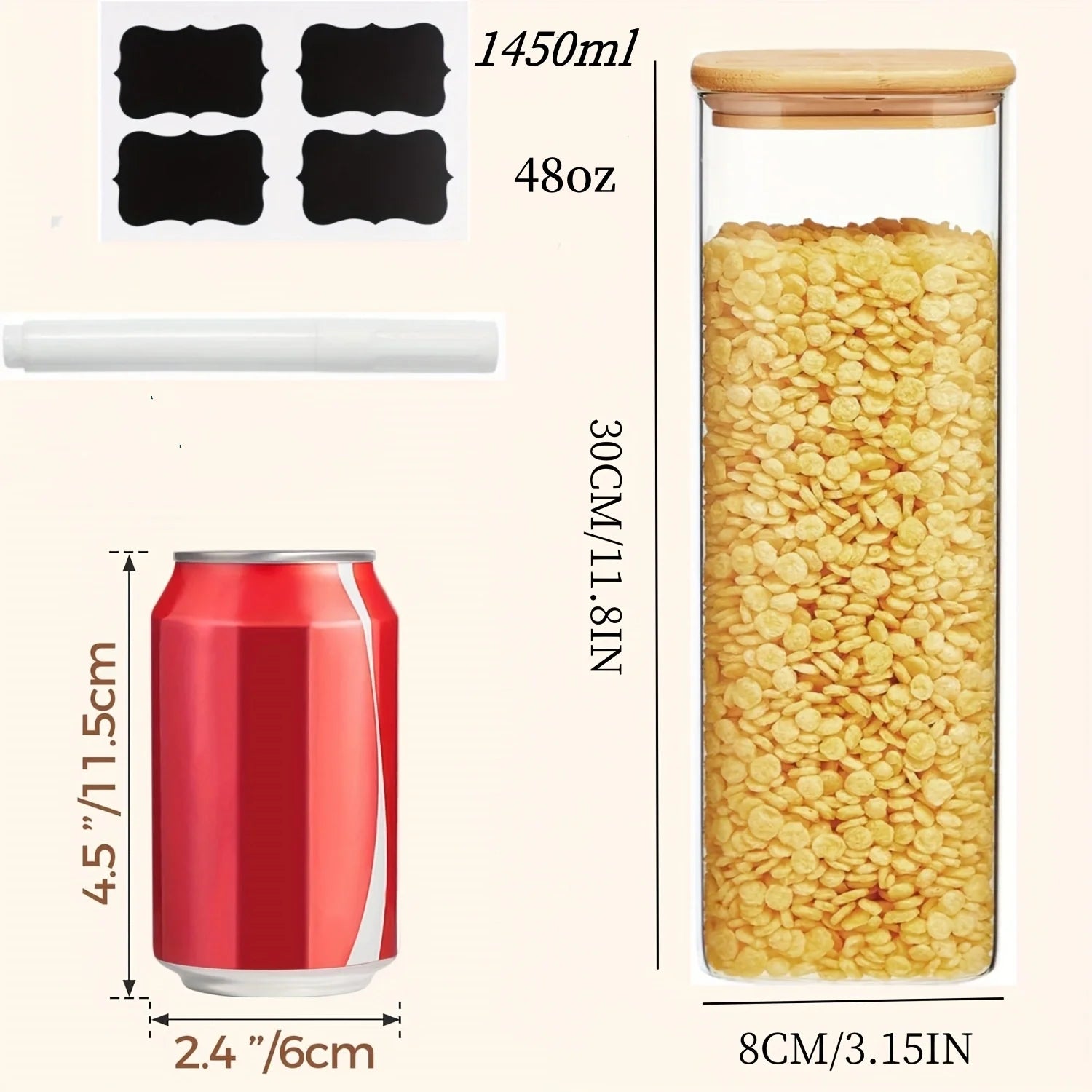 Square Glass Storage Jars 1450ml - Wide Mouth