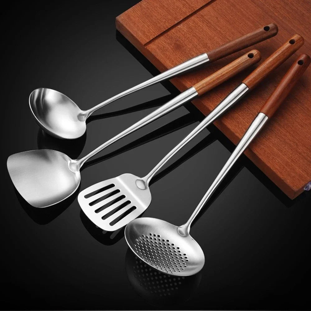 4-Piece Stainless Steel Utensil Set with Wood Handles
