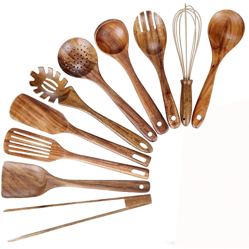 10-Piece Natural Teak Wooden Utensil Set