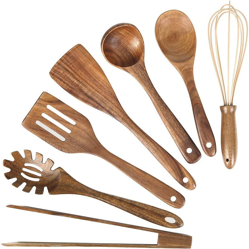 10-Piece Natural Teak Wooden Utensil Set