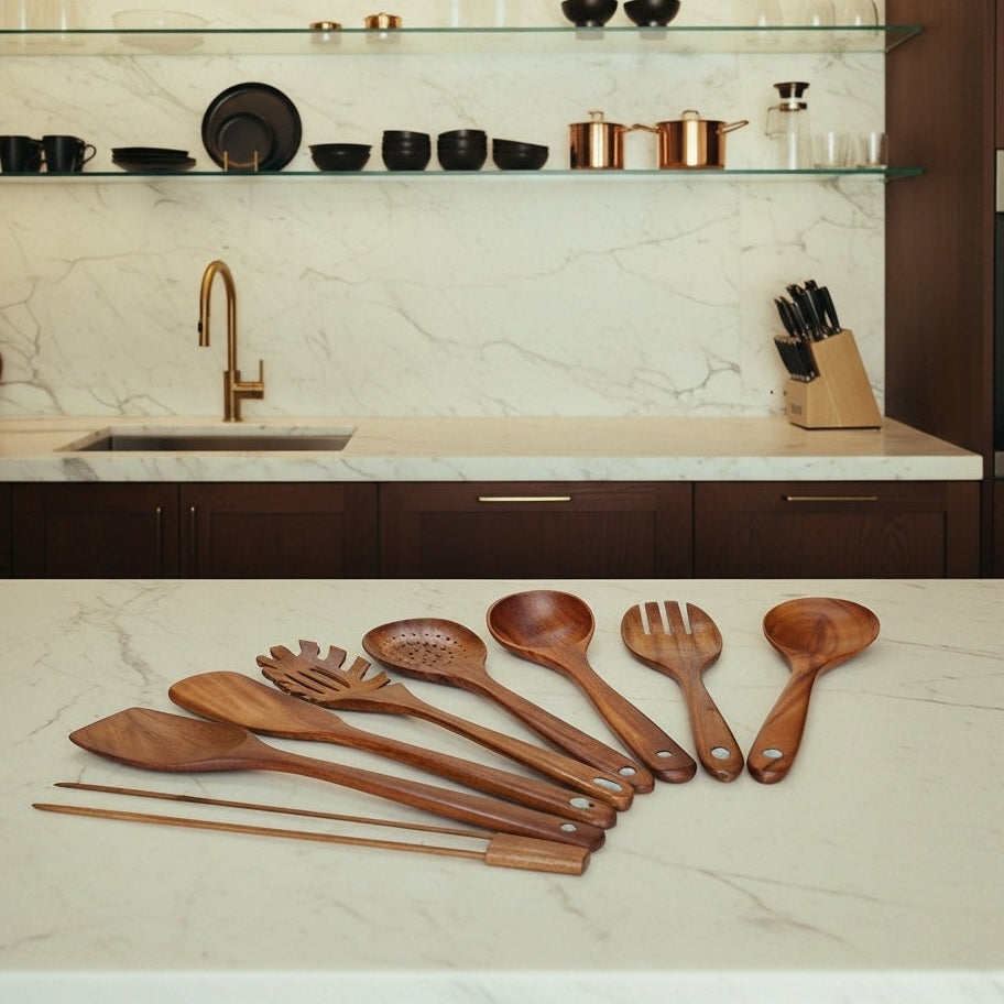 10-Piece Natural Teak Wooden Utensil Set